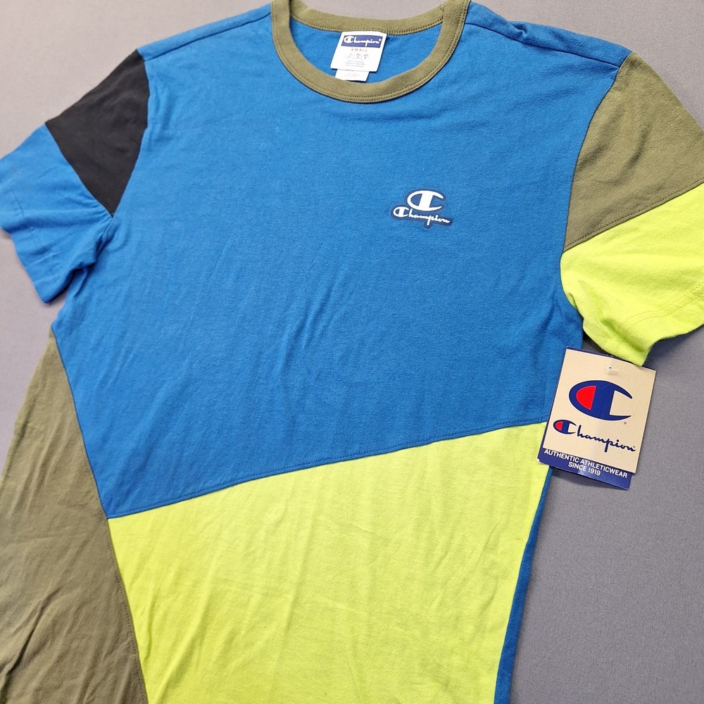 Champion Mens Patchwork Colorblock Cotton T-Shirt Blue Green T63791 Small